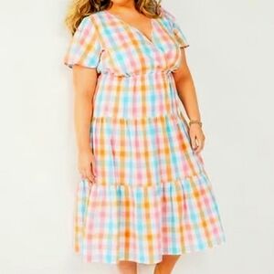 🧁B2G1🧁 Kohl's Croft & Barrow White/Pink/Blue/Orange Gingham Tiered Midi Dress